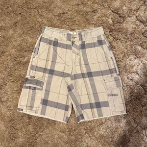 Vintage Y2K Ocean Pacific OP Plaid Cargo Shorts Khaki Cutoff Hem Mens 30